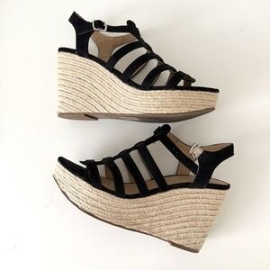 Black Suede Wedge Sandals Womens 8 Espadrille Resortwear Travel Vacation Preppy